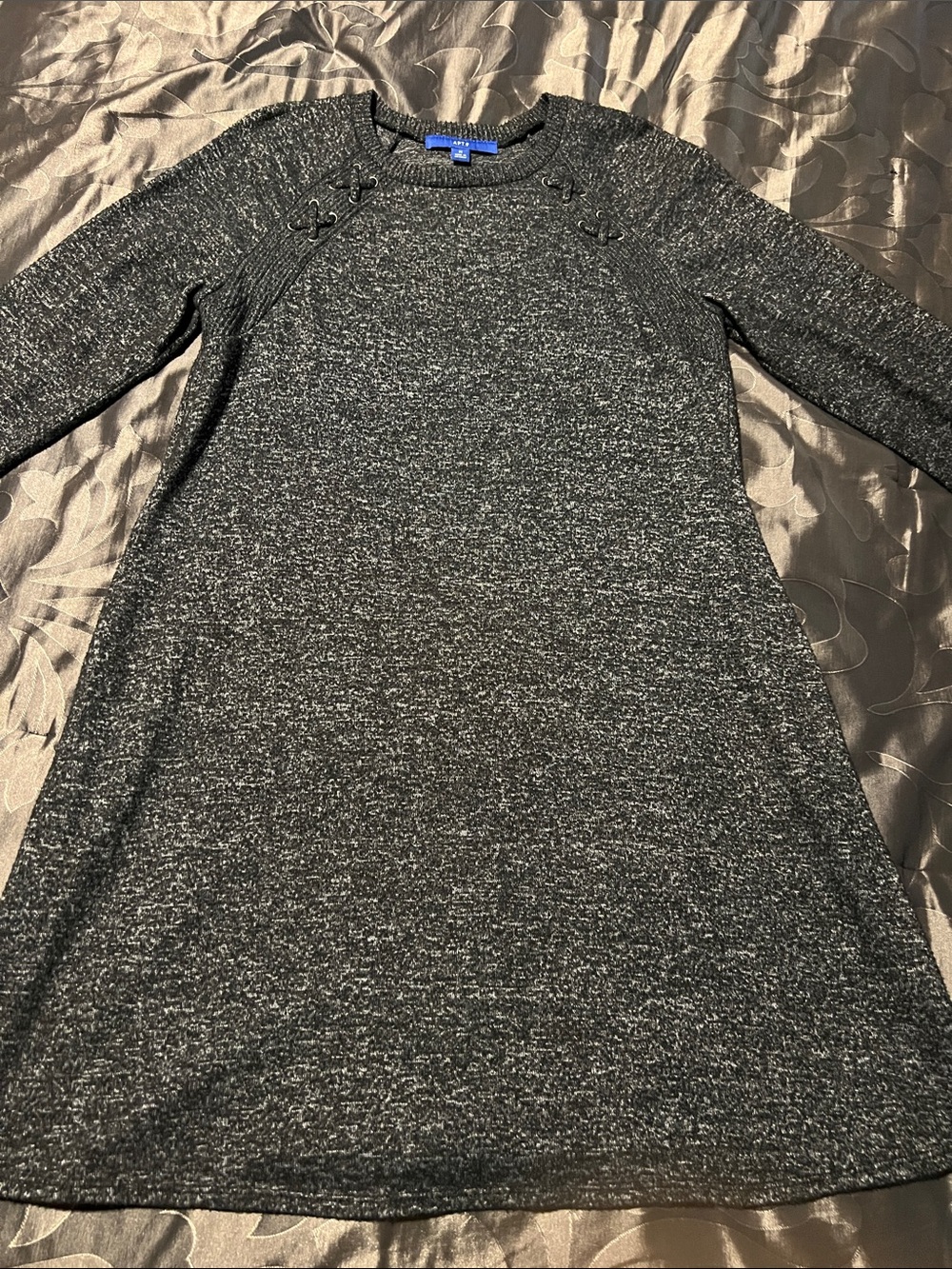 Apt. 9 Long-Sleeve Heathered Black Cozy A-line Dress Tunic Lace-Up Detail Medium